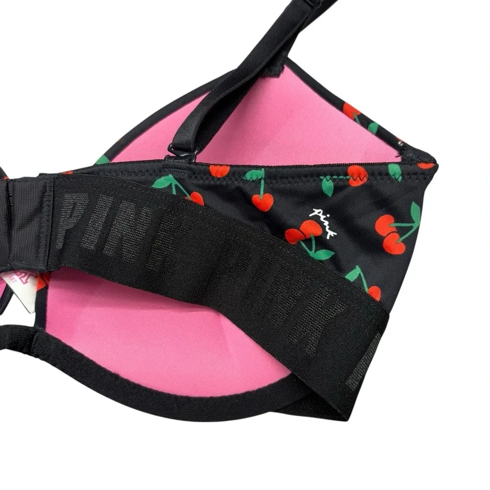Victoria Secret PINK Women's Bra 32D Black Red Cherry Super Push Up Padded